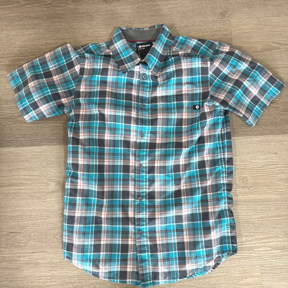 Marmot Button Up Shirt Mens Small Blue Plaid Short Sleeve Polyester Outdoor